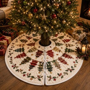May include: A circular quilted Christmas tree skirt featuring a cream-colored background with a repeating pattern of red and green plaid pine trees, gold stars, and a border of holly leaves and berries, secured with white fabric ties at the center.