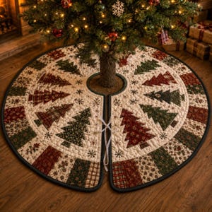 May include: A circular quilted Christmas tree skirt featuring a patchwork design of alternating red and green fabric panels with printed pine tree motifs, snowflake patterns, and plaid textures, finished with a dark trim and white tie closures.