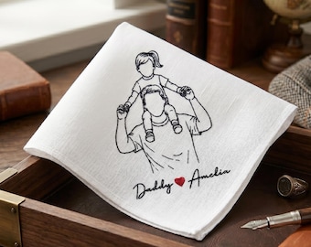 Custom Embroidered Handkerchief for Dad, Personalized Portrait Photo Outline Keepsake Fathers Day Hankie Gift from Daughter Son for Grandpa