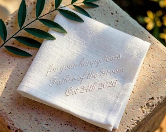 Pañuelo personalizado para el padre del novio, pañuelo de boda personalizado, recuerdo de lino bordado, regalo de lágrimas de felicidad para papá, servilleta de regalo para el novio