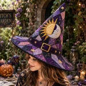 May include: A pointed hat featuring a quilted diamond pattern in shades of purple and black. The hat is adorned with an embroidered sun and crescent moon motif, a decorative buckle strap, and small gold star accents scattered across the fabric.