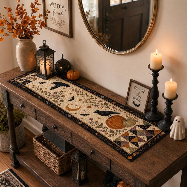 May include: A rectangular fabric table runner featuring a cream-colored center with printed illustrations of black crows, orange pumpkins, crescent moons, bats, and autumn leaves, bordered by a black and multi-colored geometric patchwork pattern.