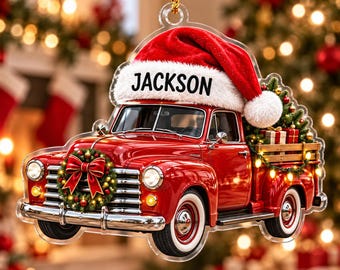 Personalized Christmas Truck Acrylic Ornament, Custom Name Red Vintage Pickup Truck, Farmhouse Christmas Tree Decor, Truck Lover Xmas Gift