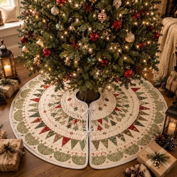 Quilted Christmas Tree Skirt, Patchwork Xmas Tree Skirt, Vintage Red Green Holiday Decor, Farmhouse Xmas Tree Base Cover, Rustic Tree Skirt