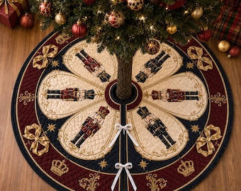 Nutcracker Christmas Tree Skirt, Quilted Holiday Tree Skirt, Royal Red Navy Gold Christmas Decor, Elegant Xmas Home Decor