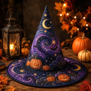 May include: A conical witch hat featuring a quilted fabric design in shades of deep blue and purple. The surface is decorated with embroidered golden crescent moons, stars, flying bats, and orange jack-o'-lanterns with swirling patterns.