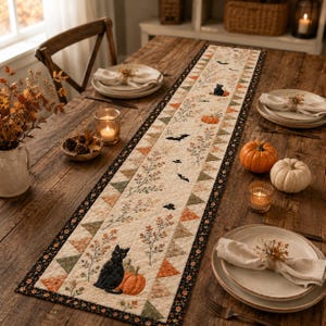 May include: A rectangular quilted table runner featuring a cream-coloured centre with printed black cats, orange pumpkins, flying bats, and autumn foliage. The runner has a border of small orange, green, and cream triangles and a black floral edge.