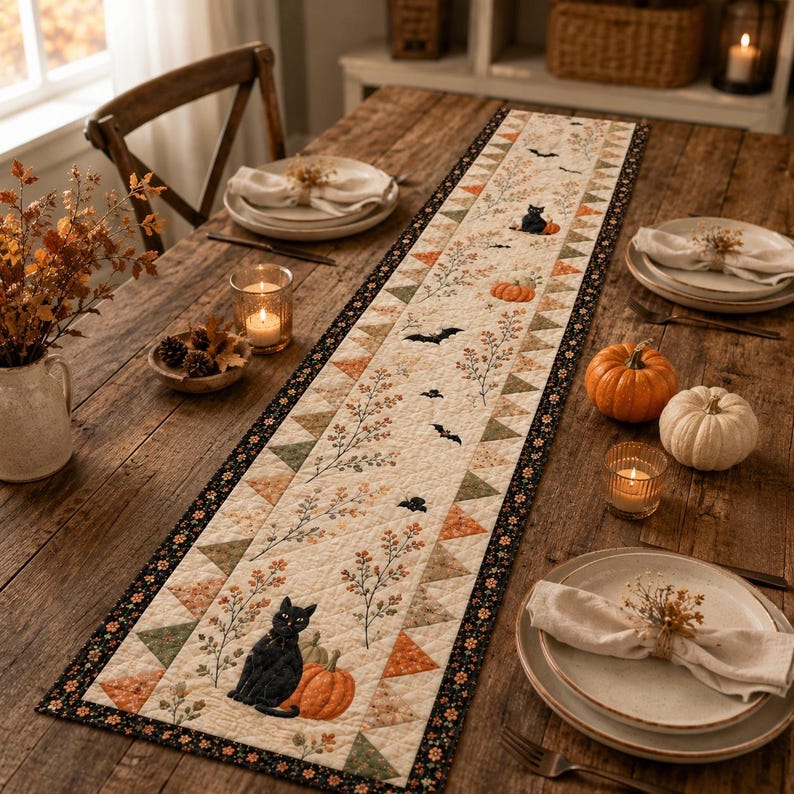 May include: A rectangular quilted table runner featuring a cream-coloured centre with printed black cats, orange pumpkins, flying bats, and autumn foliage. The runner has a border of small orange, green, and cream triangles and a black floral edge.