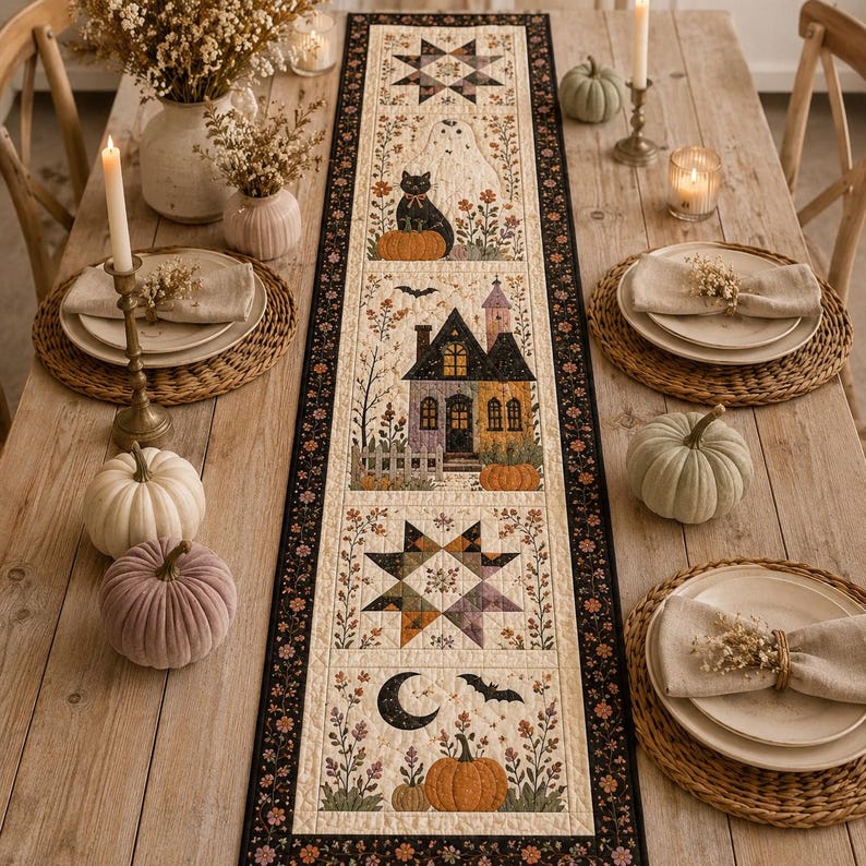 May include: A rectangular fabric table runner featuring a patchwork design with Halloween-themed illustrations including a haunted house, a black cat, a ghost, pumpkins, stars, and a crescent moon, all bordered by a dark floral pattern on a cream background.