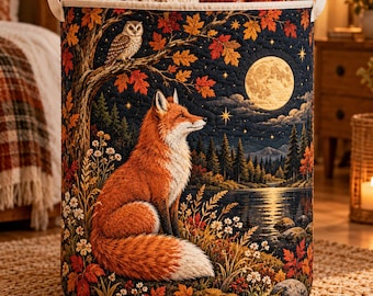 Fox Quilted Laundry Basket, Moonlit Forest Hamper, Autumn Woodland Storage Bin, Cottagecore Fall Decor, Fox Lover Gift