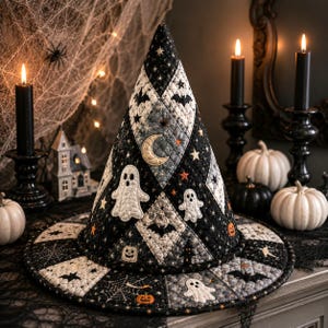 May include: A quilted witch hat featuring a black, gray, and white diamond pattern decorated with embroidered ghosts, bats, pumpkins, stars, and crescent moons. The fabric has a stitched texture and a wide brim with a spiderweb motif.