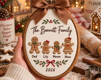 Personalized Gingerbread Family Christmas Ornament, Embroidered Hoop Ornament, Custom Family Name, 2026 Christmas Keepsake Gift, Xmas Decor