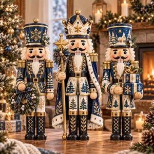May include: Three decorative nutcracker figures in blue, white, and gold uniforms. The left figure holds a wreath, the centre figure wears a crown and holds a star-topped staff, and the right figure holds two wrapped gift boxes with gold bows.