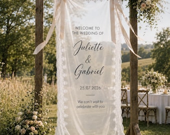 Personalized Lace Wedding Welcome Sign, Custom Sheer Tulle Wedding Banner, Romantic Lace Ceremony Sign, Entrance Sign, Reception Decor