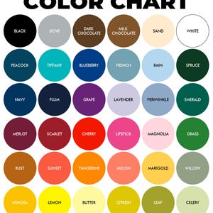 Może przedstawiać: Wzornik kolor&oacute;w z napisem COLOR CHART u g&oacute;ry, zawierający siatkę trzydziestu sześciu okrągłych pr&oacute;bek kolor&oacute;w. Każde koło zawiera nazwę koloru wydrukowaną białym lub czarnym tekstem, w tym black, dove, chocolate, sand, white, peacock, tiffany, blueberry, french, rain, spruce, navy, plum, grape, lavender, periwinkle, emerald, merlot, scarlet, cherry, lipstick, magnolia, grass, rust, sunset, tangerine, melon, marigold, willow, mimosa, lemon, butter, citron, leaf oraz celery.