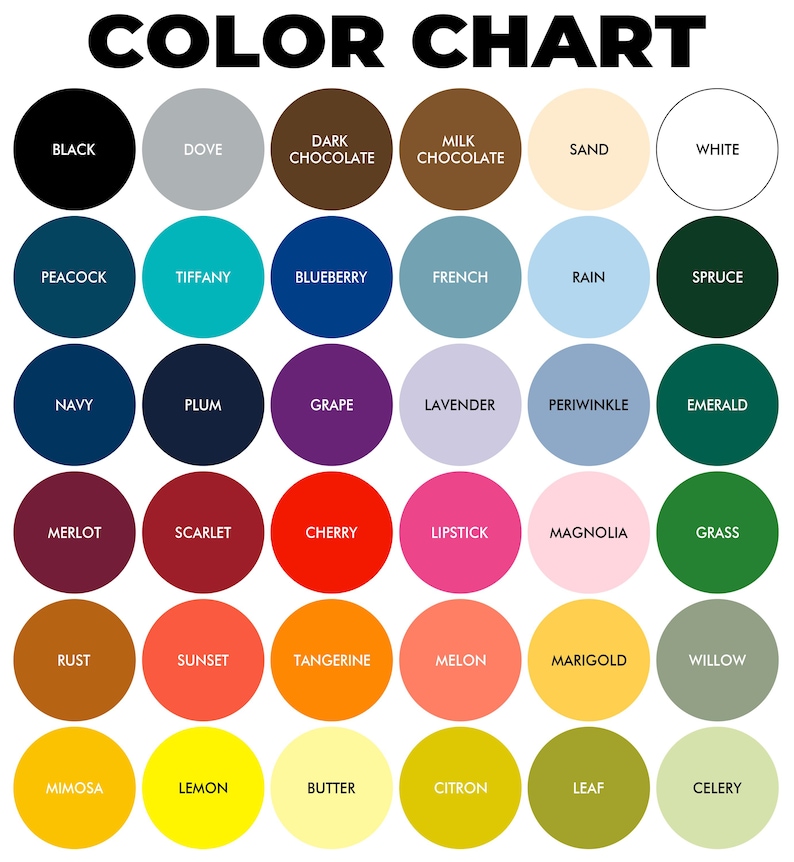 Może przedstawiać: Wzornik kolor&oacute;w z napisem COLOR CHART u g&oacute;ry, zawierający siatkę trzydziestu sześciu okrągłych pr&oacute;bek kolor&oacute;w. Każde koło zawiera nazwę koloru wydrukowaną białym lub czarnym tekstem, w tym black, dove, chocolate, sand, white, peacock, tiffany, blueberry, french, rain, spruce, navy, plum, grape, lavender, periwinkle, emerald, merlot, scarlet, cherry, lipstick, magnolia, grass, rust, sunset, tangerine, melon, marigold, willow, mimosa, lemon, butter, citron, leaf oraz celery.