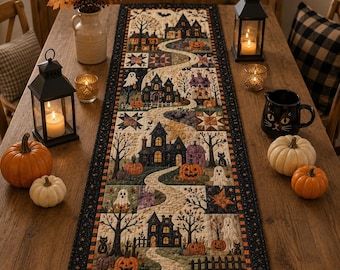 Halloween Quilted Table Runner, Fall Table Runner, Pumpkin Cat Ghost Bat Table Decor, Spooky Autumn Dining Table Runner Halloween Home Decor