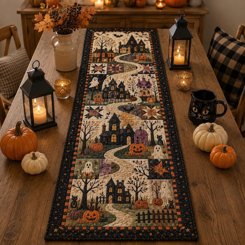 May include: A rectangular quilted table runner featuring a repeating Halloween scene with haunted houses, winding paths, ghosts, black cats, and orange pumpkins. The design includes star-shaped quilt blocks and a dark border with small stars.