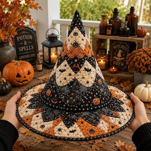 Halloween-quiltad häxhatt, läskig kostymhatt, orangesvart lapptäcke med trollkarlshatt, spökpumpahatt i tyg, häxigt Halloween-tillbehör