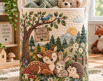 Woodland Animal Quilted Laundry Basket, Forest Nursery Storage Hamper, Deer Bunny Hedgehog Toy Bin, Kids Room Organizer, Baby Shower Gift