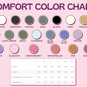 Puede incluir: Tabla de colores que muestra 16 colores diferentes con sus nombres y las medidas de tama&ntilde;o correspondientes en pulgadas. Los colores est&aacute;n dispuestos en cuatro filas de cuatro colores cada una. La tabla incluye las medidas de ancho, largo, largo de la manga y tolerancia de tama&ntilde;o.