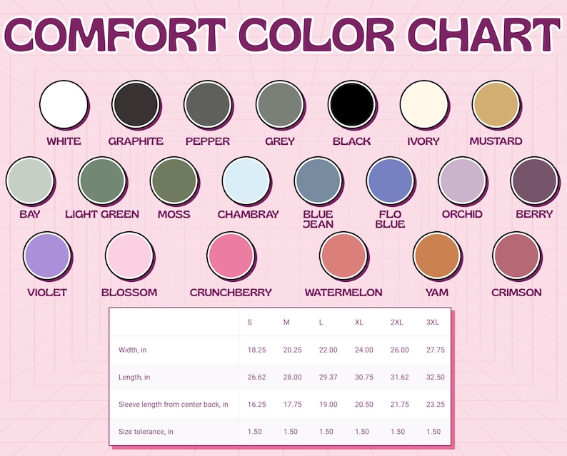 Puede incluir: Tabla de colores que muestra 16 colores diferentes con sus nombres y las medidas de tama&ntilde;o correspondientes en pulgadas. Los colores est&aacute;n dispuestos en cuatro filas de cuatro colores cada una. La tabla incluye las medidas de ancho, largo, largo de la manga y tolerancia de tama&ntilde;o.