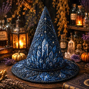 May include: A pointed hat featuring a deep blue quilted fabric with a repeating pattern of white stars and geometric crystal shapes. The hat has a wide, circular brim and a tall, conical crown, constructed with visible stitching throughout the surface.