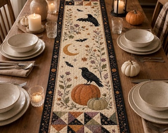 Halloween Quilted Table Runner, Fall Table Runner, Pumpkin Cat Ghost Bat Table Decor, Spooky Autumn Dining Table Runner Halloween Home Decor