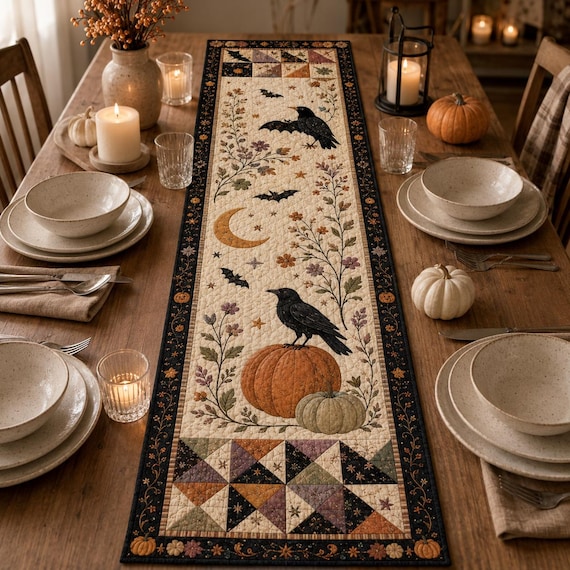 Halloween Quilted Table Runner, Fall Table Runner, Pumpkin Cat Ghost Bat Table Decor, Spooky Autumn Dining Table Runner Halloween Home Decor