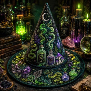 Puede incluir: Un sombrero puntiagudo de color verde oscuro con bordados detallados de una luna creciente, serpientes, frascos de pociones de vidrio con humo verde y morado, setas y cristales morados. El diseño incluye elementos botánicos y símbolos.