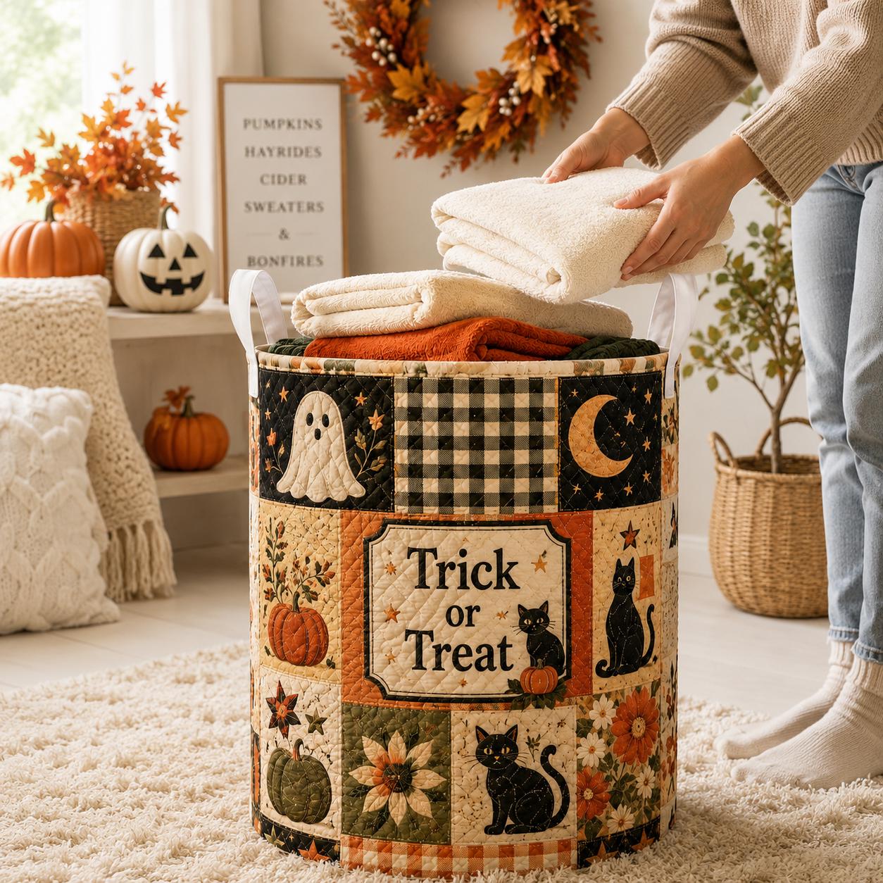 Discover Halloween Quilt Laundry Basket, Fall Storage Bin, Laundry Hamper Pumpkin Ghost Cat Autumn Floral Fabric Home Decor Basket
