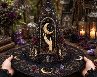 Halloween Quilted Witch Hat, Gothic Celestial Fabric Witch Hat, Wizard Costume Hat, Witchcore Halloween Decor, Moon and Stars Witch Hat