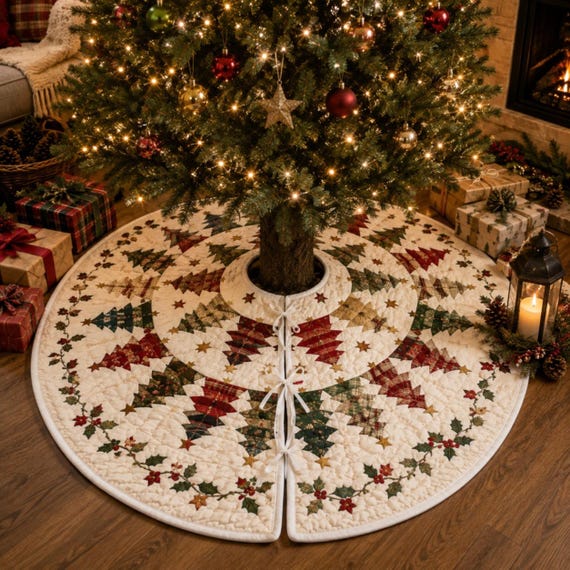 Quilted Christmas Tree Skirt, Patchwork Xmas Tree Skirt, Vintage Red Green Holiday Decor, Farmhouse Xmas Tree Base Cover, Rustic Tree Skirt