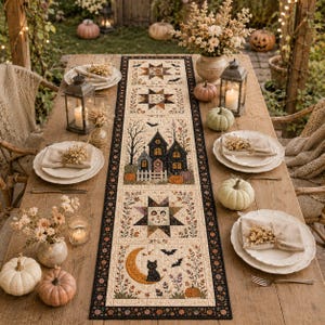 May include: A rectangular fabric table runner featuring a patchwork design with Halloween motifs including a haunted house, a black cat on a crescent moon, stars, bats, and pumpkins, bordered by a black floral pattern on a cream background.