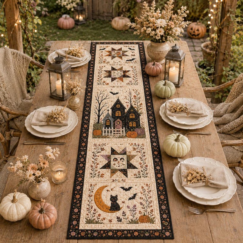 May include: A rectangular fabric table runner featuring a patchwork design with Halloween motifs including a haunted house, a black cat on a crescent moon, stars, bats, and pumpkins, bordered by a black floral pattern on a cream background.