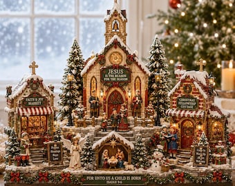 Christian Christmas Village Wooden Block, Nativity Church Decor, Religious Christmas Tabletop Decor, Jesus Christmas Gift Holiday Xmas Decor
