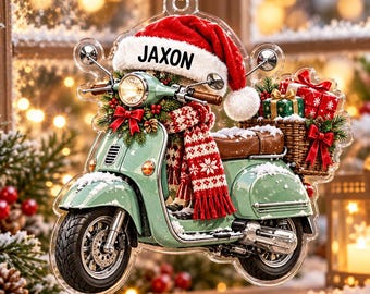 Personalized Christmas Scooter Acrylic Ornament, Custom Name Vintage Moped Christmas Tree Decoration, Santa Hat Scooter Lover Gift Xmas