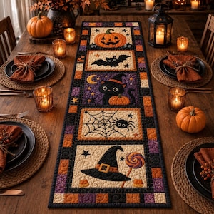May include: A rectangular quilted table runner featuring five distinct Halloween-themed panels. The designs include a jack-o'-lantern, a black bat, a black cat wearing a witch hat, a spider on a web, and a witch hat with a lollipop and candy corn.