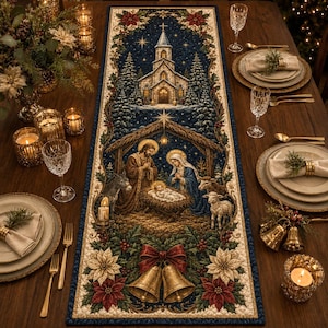 May include: A rectangular fabric table runner featuring a dark blue background with a printed nativity scene, a church building, and poinsettia flowers. The design includes a central manger with figures, gold bells, and a decorative border pattern.