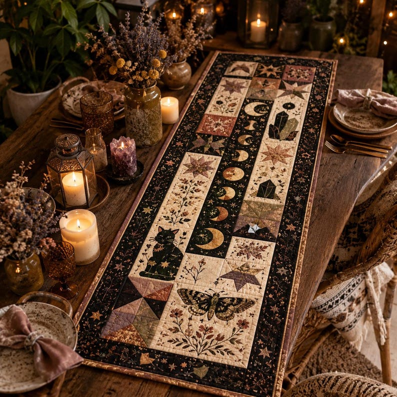 May include: A rectangular fabric table runner featuring a patchwork design with a black border. The pattern includes illustrations of a black cat, a moth, floral motifs, stars, crystals, and a sequence of moon phases in shades of cream, brown, and black.