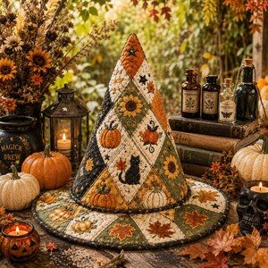 May include: A quilted witch hat featuring a diamond-patterned design with embroidered motifs of black cats, orange pumpkins, sunflowers, and autumn leaves in shades of orange, green, black, and cream, set against a rustic seasonal background.