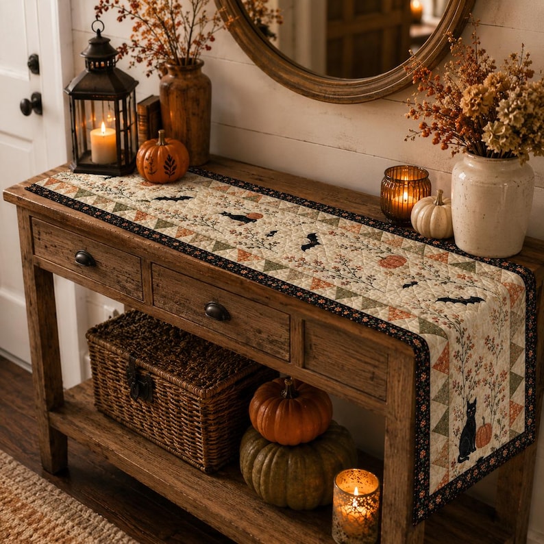 May include: A quilted table runner featuring a cream-colored fabric with a repeating pattern of black cats, bats, orange pumpkins, and autumn foliage. The runner is bordered by a dark fabric with a floral print and triangular geometric accents.