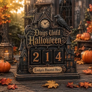 Wooden Halloween Countdown Tracker With Base, Haunted House Days Until Halloween Calendar, Spooky Raven Halloween Table Decor Countdown Sign