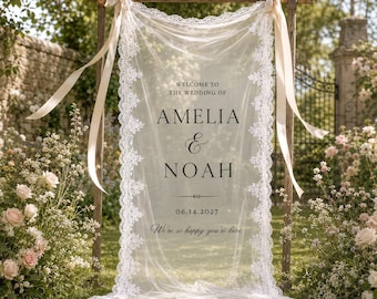 Personalized Lace Wedding Welcome Sign, Custom Sheer Tulle Wedding Banner, Romantic Lace Ceremony Sign, Entrance Sign, Reception Decor