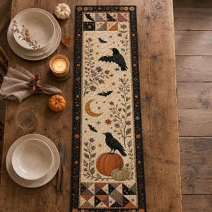 May include: A rectangular quilted table runner featuring a cream-colored center panel with illustrations of black crows, bats, a crescent moon, pumpkins, and autumn foliage, framed by a dark border with a repeating floral and star pattern.