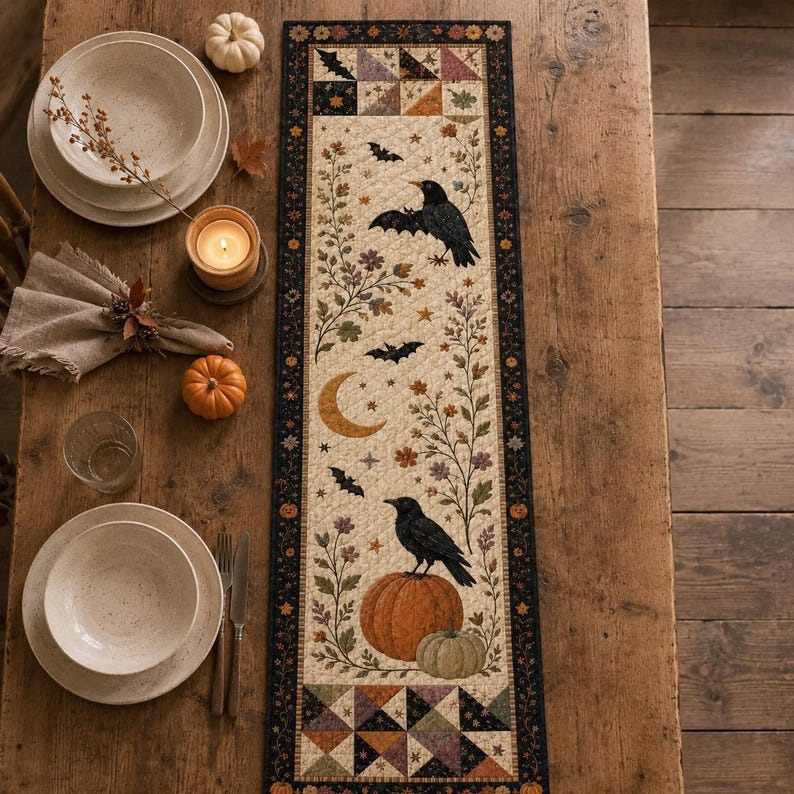 May include: A rectangular quilted table runner featuring a cream-colored center panel with illustrations of black crows, bats, a crescent moon, pumpkins, and autumn foliage, framed by a dark border with a repeating floral and star pattern.