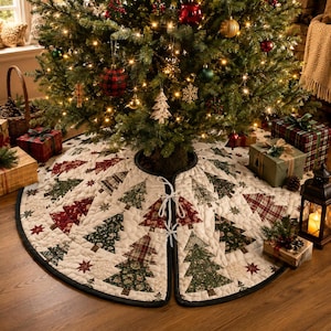 May include: A circular quilted Christmas tree skirt featuring a cream-colored background with a repeating pattern of green and red fabric trees in various plaid and floral prints. The skirt has a black fabric border and white tie closures.