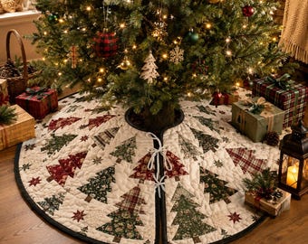 Pode incluir: Uma saia circular acolchoada para árvore de Natal com fundo creme e um padrão repetitivo de árvores de tecido verdes e vermelhas em várias estampas xadrez e florais. A saia tem uma borda de tecido preto e fechos de laço brancos.