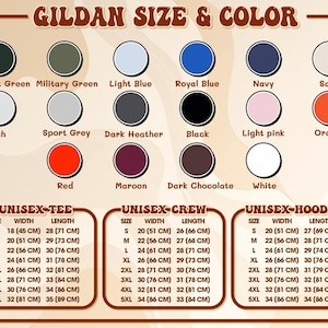 Puede incluir: Un gr&aacute;fico que muestra las tallas y los colores de las camisetas, sudaderas con cuello redondo y sudaderas con capucha Gildan. El gr&aacute;fico muestra las medidas de ancho y largo en pulgadas y cent&iacute;metros para cada talla. Los colores que se muestran son verde bosque, verde militar, azul claro, azul real, azul marino, arena, ceniza, gris deportivo, gris oscuro, negro, rosa claro, naranja, rojo, granate, chocolate oscuro y blanco.