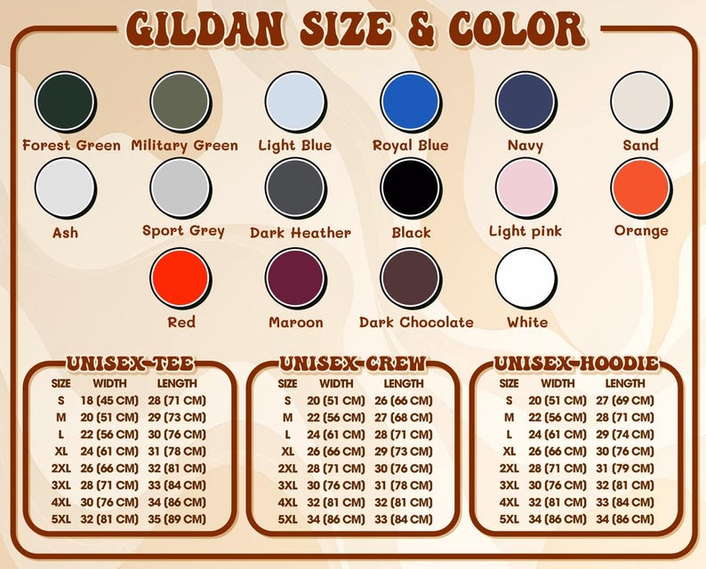 Puede incluir: Un gr&aacute;fico que muestra las tallas y los colores de las camisetas, sudaderas con cuello redondo y sudaderas con capucha Gildan. El gr&aacute;fico muestra las medidas de ancho y largo en pulgadas y cent&iacute;metros para cada talla. Los colores que se muestran son verde bosque, verde militar, azul claro, azul real, azul marino, arena, ceniza, gris deportivo, gris oscuro, negro, rosa claro, naranja, rojo, granate, chocolate oscuro y blanco.